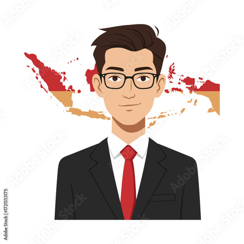 Portrait of a man in a business suit, Indonesian flag in the background.