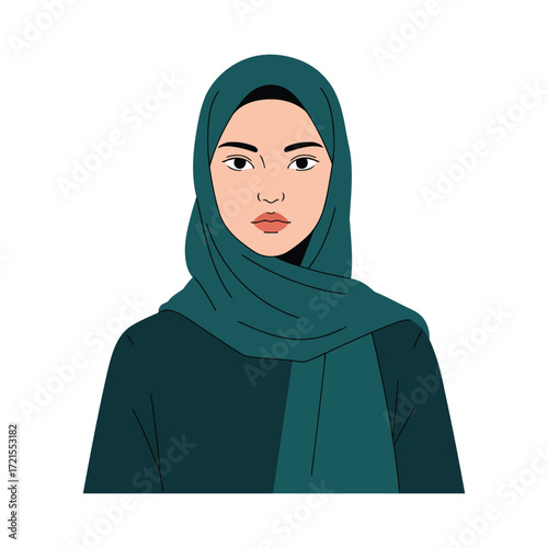 Vector illustration portrait of a young Muslim woman wearing a dark teal hijab against a white background.