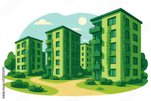 Contemporary apartment buildings with green facades, paved walkways, and a sunny day