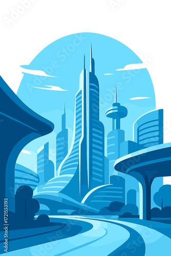 A futuristic cityscape with a blue sky and curved architectural forms