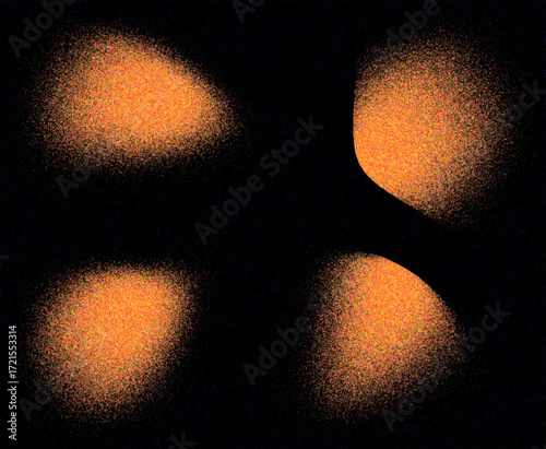 Abstract Dark and Orange Grainy Background with Four Glowing Shapes, High Contrast Grassy Gradient with Organic Blurs