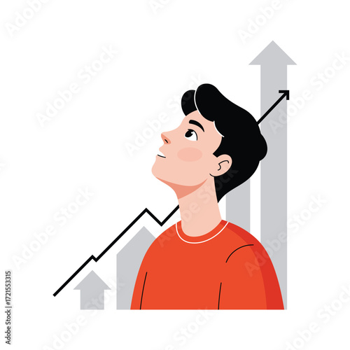 A hopeful young man looks up at a rising arrow graph, symbolizing personal growth, success, and ambition.