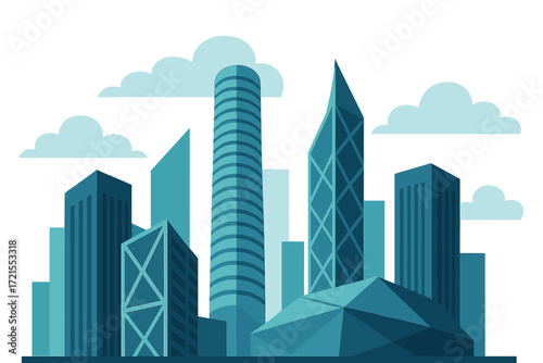 Contemporary towers and angular designs stand silhouetted against a misty sky