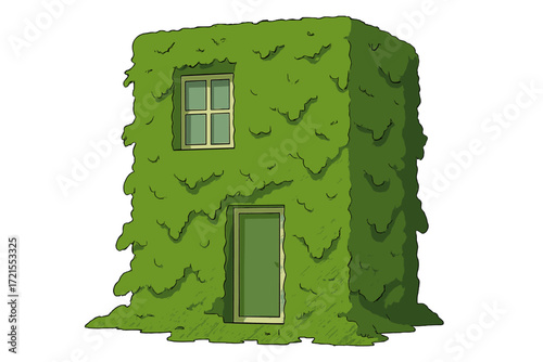 The entire wall of a building is cloaked in moss, blending nature and architecture into a stunning harmony