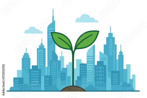 A sprout represents urban sustainability and growth in a futuristic city skyline