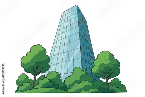 A glass office tower, viewed from the ground up, features integrated green landscaping with trees and bushes, embodying a modern sustainable urbanism concept