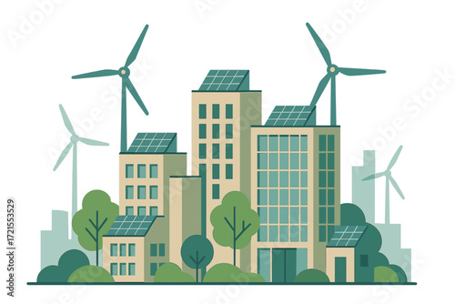 Eco-friendly city design featuring solar panels and wind turbines