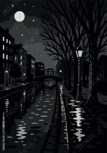 A monochrome nighttime view of a city canal, a damp path, and trees