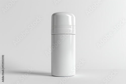 White cylindrical deodorant bottle, smooth surface, simple design, on plain white background