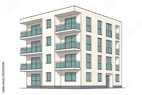 Modern apartment building exterior in white, featuring balconies and a contemporary design