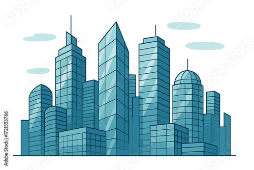 Contemporary futuristic cityscape architecture featuring glass towers and panoramic sky views