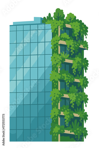 A  image featuring a contemporary glass structure adorned with a vertical garden, illustrating eco-friendly urbanism and the integration of nature within city environments