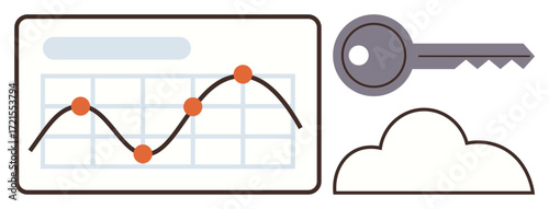 Graph with plotted points on a grid, key, and cloud icon symbolizing data analysis, cloud storage, and security. Ideal for analytics, technology, cybersecurity, cloud computing finance growth