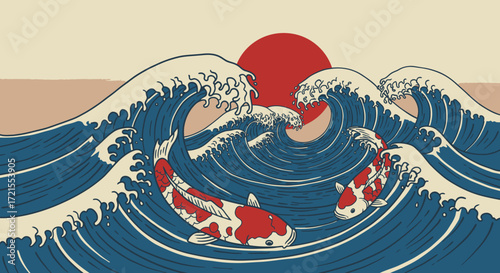 Koi Fish Swimming in Ocean Waves.