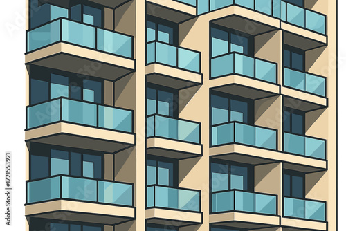 A contemporary building façade featuring repetitive geometric balcony patterns and glass railings that highlight an urban cityscape design