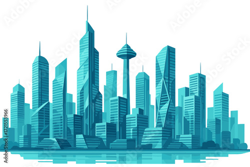 Contemporary cityscape featuring futuristic skyscrapers and mirrored surfaces