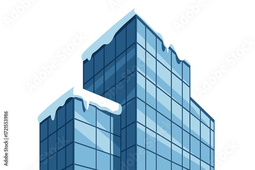 A contemporary glass structure, its pointed edges dusted with snow, mirrors the winter sky