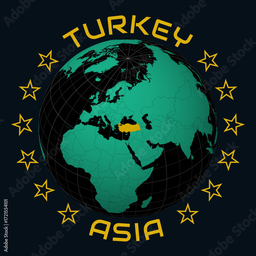 Turkey on Globe. Round country and continent name text. Country view on world map in Black Emerald color palette. Turkey shape on map. Appealing vector illustration.