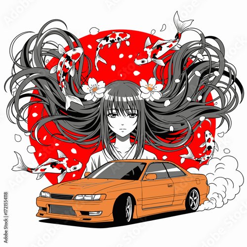 Anime girl with flowing hair, koi fish, and a sporty car.