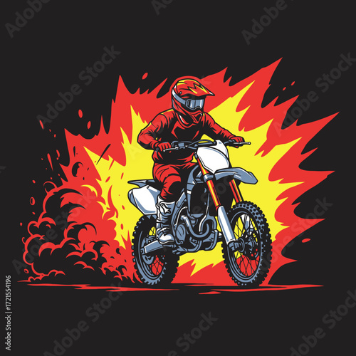 Motocross rider in action, surrounded by flames and dust.
