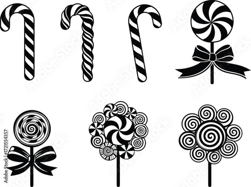 Candy cane icons, swirl lollipops, festive sweets, holiday treat silhouette, decorative snack, celebration graphic, flat vector