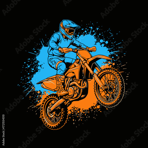 Motocross rider performing a jump on a dirt bike with a colorful splash background.