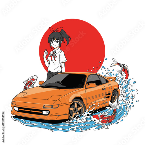 Anime girl poses next to an orange sports car, surrounded by koi fish in a stylized graphic design.