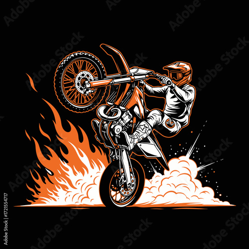 Motocross rider performing a wheelie, engulfed in flames and smoke.