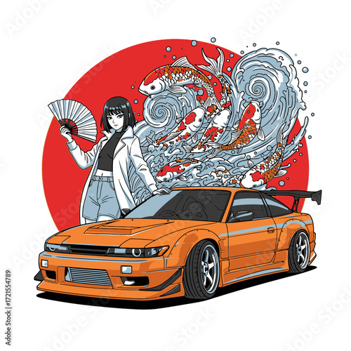 An anime-style illustration featuring a woman with a fan standing next to a vibrant orange sports car, with koi fish and water elements flowing behind.