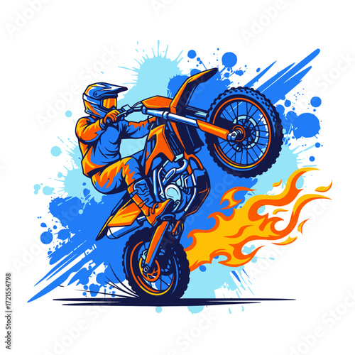 Dynamic illustration of a motocross rider performing a wheelie with vibrant blue paint splatters and fiery orange flames in the background.