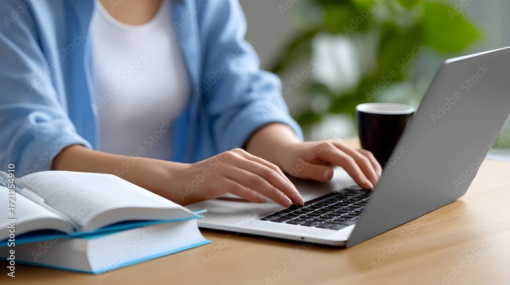 Fototapeta premium A person is sitting at a desk, using a laptop computer while surrounded by books, documents, and other educational materials, suggesting a focused study or work environment.