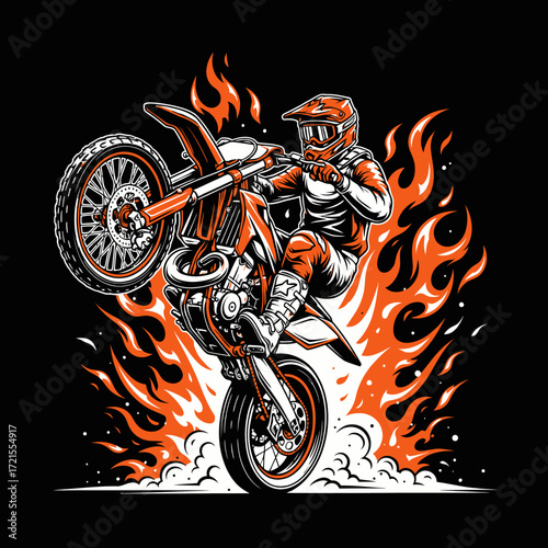A dirt bike rider performing a wheelie with flames erupting around them, showcasing extreme motocross action.