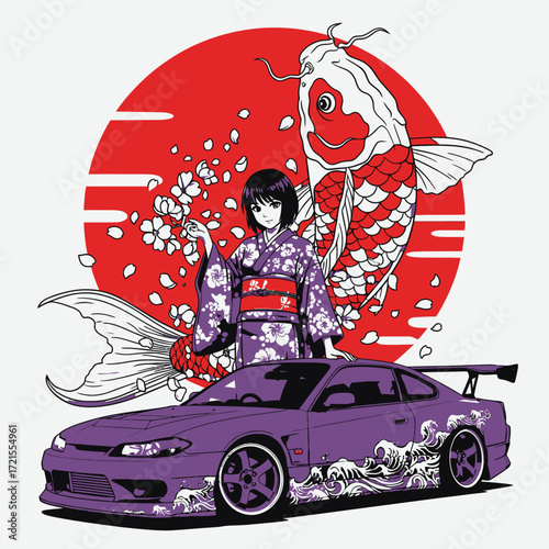 Anime girl in kimono with koi fish and a purple sports car.