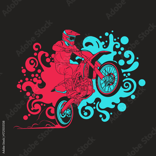 Rider doing a wheelie on a dirt bike, vibrant design.