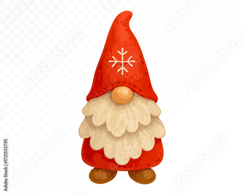 Watercolor Christmas gnome doll with fluffy white beard, red festive outfit and tall pointed hat decorated with white snowflake, cozy handmade holiday decoration. Vector illustration.