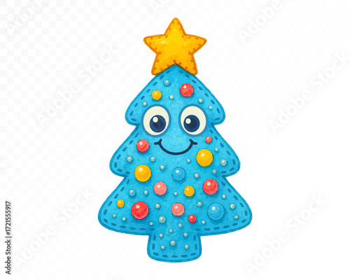 Watercolor felt Christmas tree toy in bright blue with big googly eyes, smiling face, yellow star on top and colorful baubles, adorable handmade holiday decoration. Vector illustration.