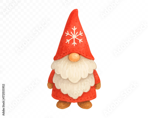 Watercolor Christmas gnome doll with fluffy white beard, red festive outfit and tall pointed hat decorated with white snowflake, cozy handmade holiday decoration. Vector illustration.