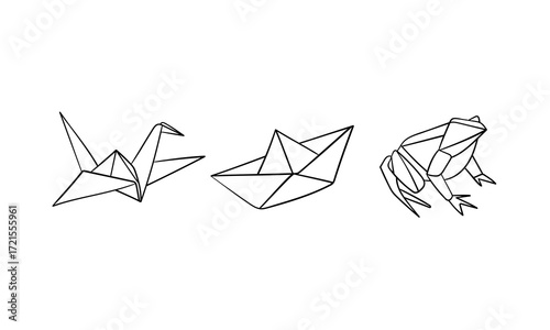 Continious one line drawing of set 3 animals origami. Japanese hobby. Vector illustration