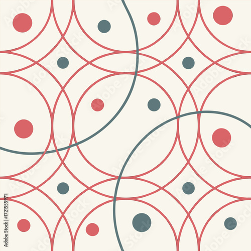 Abstract geometric pattern featuring a seamless arrangement of circles and dots in a vibrant color palette with clean lines and modern design elements suitable for various applications