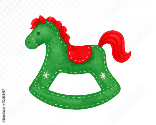 Watercolor Christmas rocking horse toy in festive green and red colors with stitched handmade details and saddle, cute holiday decoration for winter design. Vector illustration.
