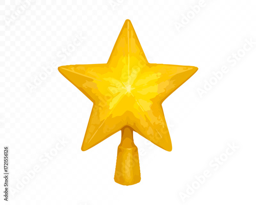 Watercolor golden Christmas tree topper star with shiny bright surface, festive ornament for holiday decoration and cozy winter seasonal celebration. Vector illustration.