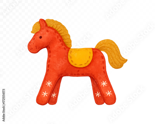 Watercolor felt Christmas horse toy in festive red with yellow mane, tail and saddle, decorated with white stitched snowflakes, handmade plush holiday ornament. Vector illustration.