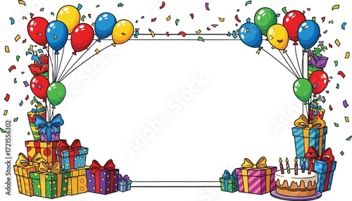 Festive frame with balloons gifts cake and confetti for birthday celebration invitation card design
