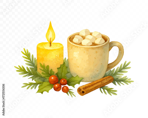 Watercolor Christmas still life with beige mug of hot cocoa and marshmallows, cinnamon stick, glowing candle, holly berries and pine branches, festive winter holiday scene. Vector illustration.
