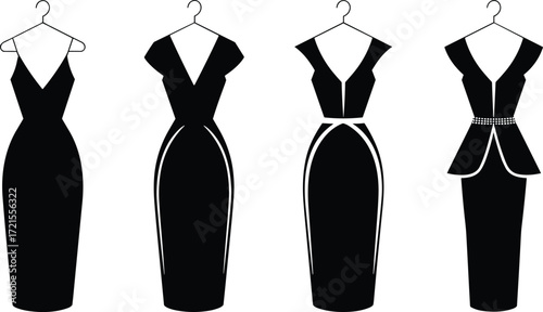 PElegant black dress silhouettes, fashion vector illustration, stylish women’s clothing design, minimal outfit icons, boutique apparel concept, modern wardrobe elements, editable