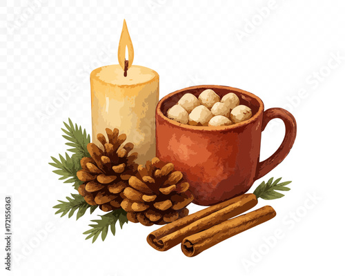 Watercolor Christmas still life with red mug of hot cocoa and marshmallows, glowing candle, pinecones, cinnamon sticks and evergreen branches, cozy festive holiday scene. Vector illustration.