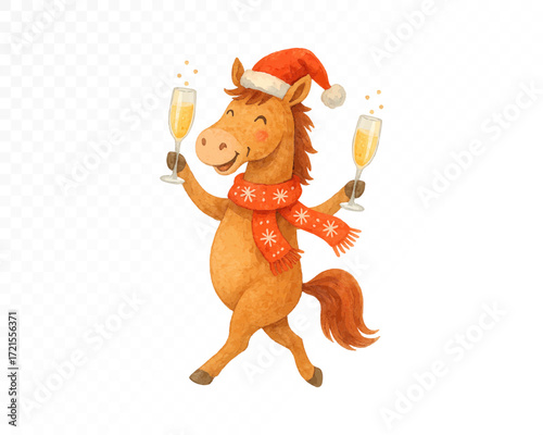Watercolor Christmas horse in Santa hat and red scarf with snowflakes, holding two champagne glasses, cheerful festive holiday animal illustration for New Year celebration. Vector illustration.