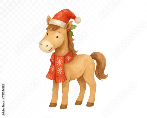 Watercolor Christmas horse in Santa hat with holly leaves and red scarf decorated with snowflakes, adorable festive holiday animal illustration for winter celebration. Vector illustration.