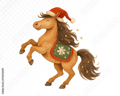 Watercolor Christmas horse with flowing mane, wearing red Santa hat and green festive blanket decorated with snowflake, cheerful holiday animal art. Vector illustration.