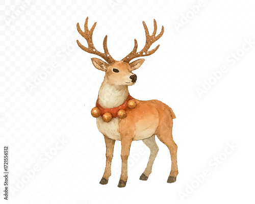 Watercolor reindeer with majestic antlers and festive golden bell necklace, elegant Christmas animal illustration for winter holiday and seasonal decoration. Vector illustration.